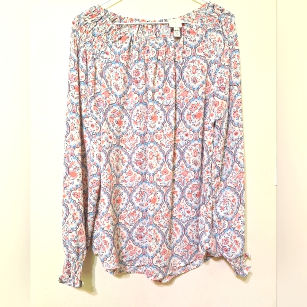 Joie Medium baroque boho floral cream pink blue balloon sleeve smocked blouse